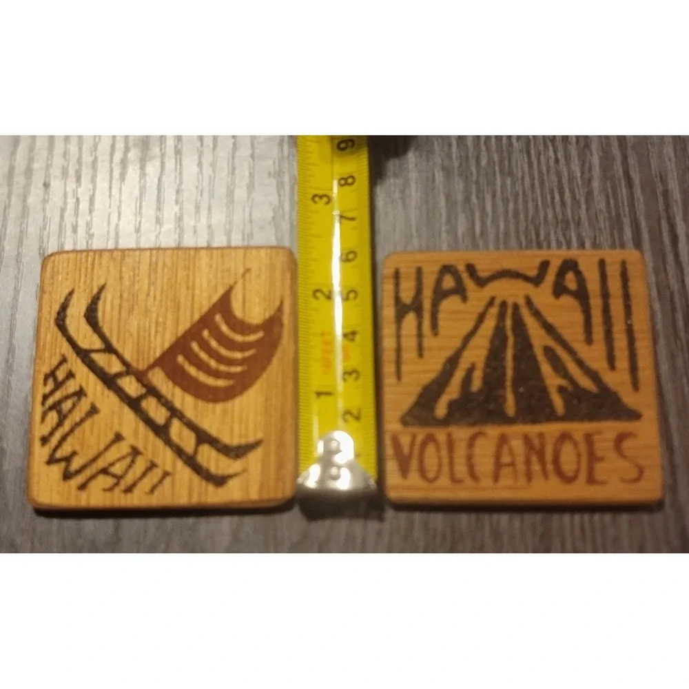 2 Hawaii Koa Wood Square Magnets Islander Canoe & Volcanoes Ash Magnet 2.5
